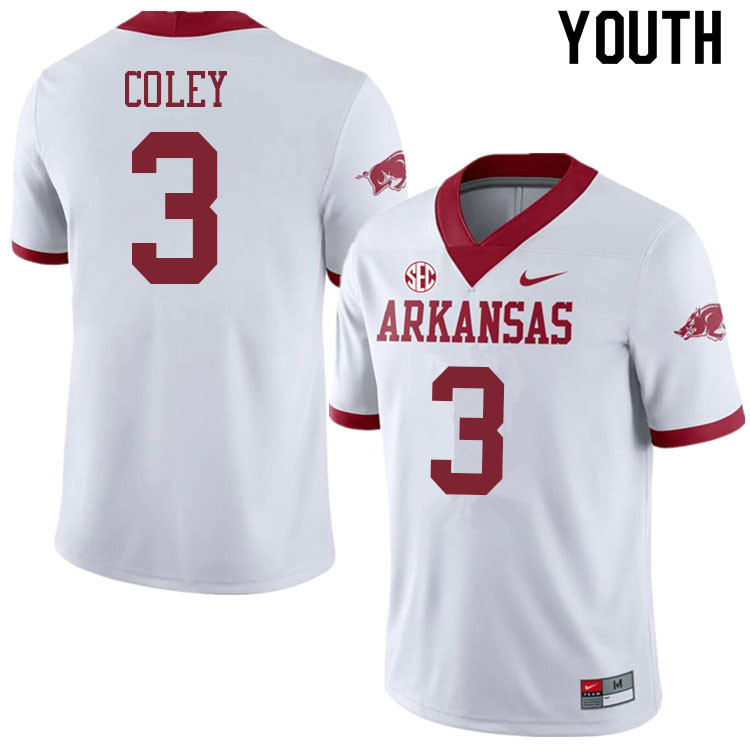 Youth #3 Lucas Coley Arkansas Razorbacks College Football Jerseys Sale-Alternate White - Click Image to Close